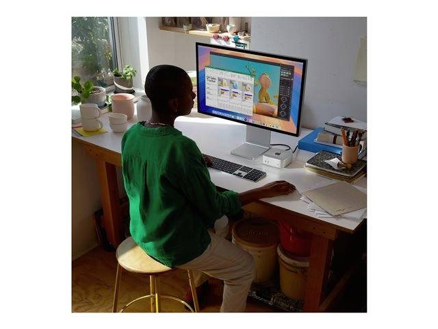 Eine Person sitzt an einem Schreibtisch und arbeitet an einem Computer mit Kunstsoftware. Im Hintergrund sind Pflanzen zu sehen.