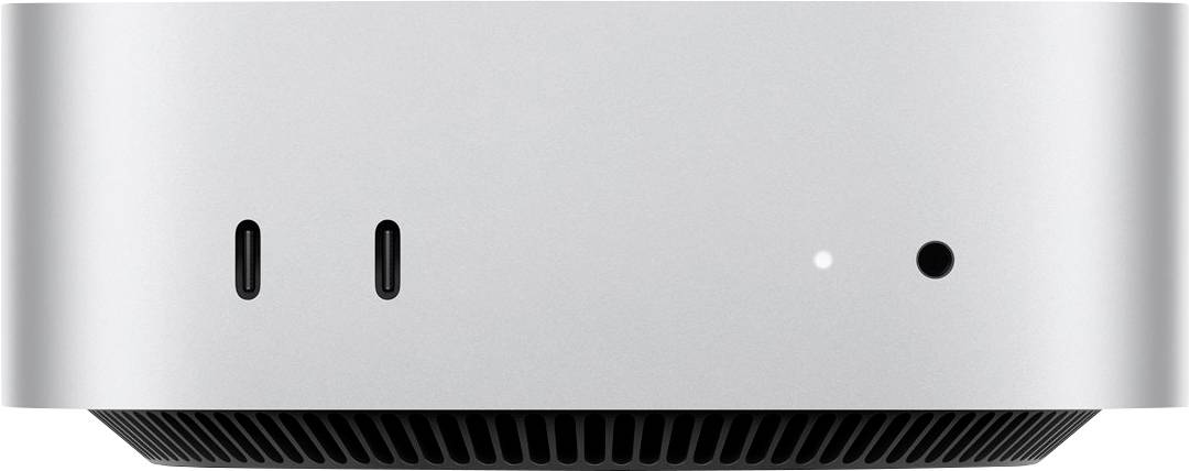 Silberner Computer mit zwei USB-C-Anschlüssen, einem Kopfhöreranschluss und einem Statuslicht auf der Vorderseite.