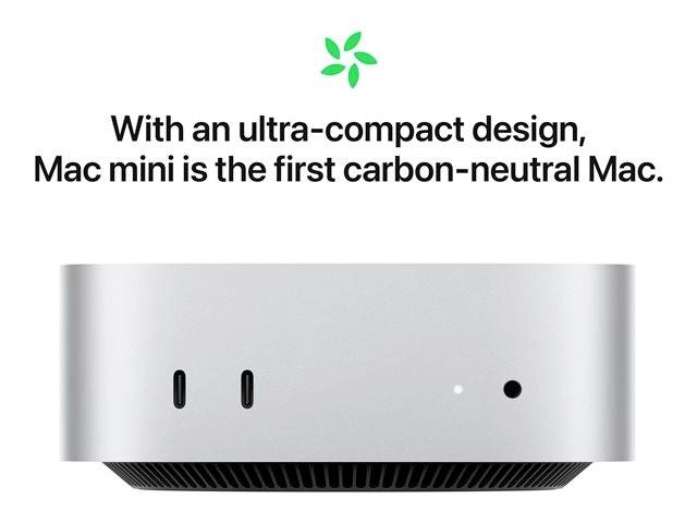 Ein silberner Mac Mini mit zwei Anschlüssen, beworben als erster CO2-neutraler Mac mit ultra-kompaktem Design, darüber grünes Symbol.