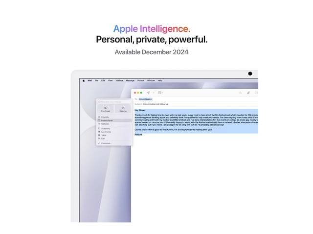 'Apple Intelligence. Personal, private, powerful. Available December 2024.' Ein digitales Gerät mit einem geöffneten Textdokument.