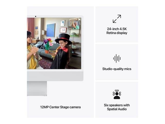 24-Zoll 4.5K Retina-Display, 12MP Center Stage Kamera, Studioqualität-Mikrofone, sechs Lautsprecher mit Spatial Audio. Ein Kind mit Hut und Umhang wird auf dem Bildschirm gezeigt.