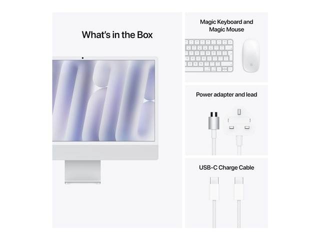 'What's in the Box': Ein Monitor, eine Magic-Tastatur und -Maus, ein Netzteil mit Kabel und ein USB-C-Aufladekabel.