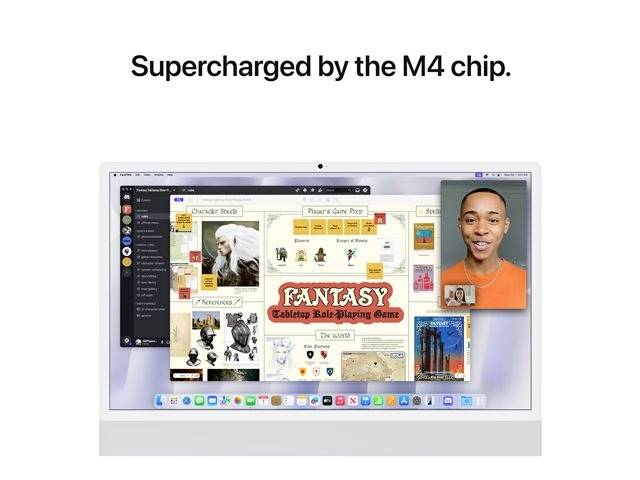 Ein Laptopbildschirm zeigt eine geöffnete Fantasy-Rollenspielanwendung mit einem Videocall. Oben steht 'Supercharged by the M4 chip'.