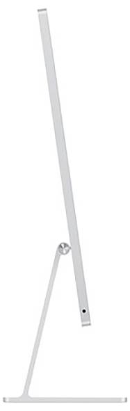 Silberner, schlanker Computer im Profil auf Ständer. Minimalistisches Design mit dünnem Rahmen.