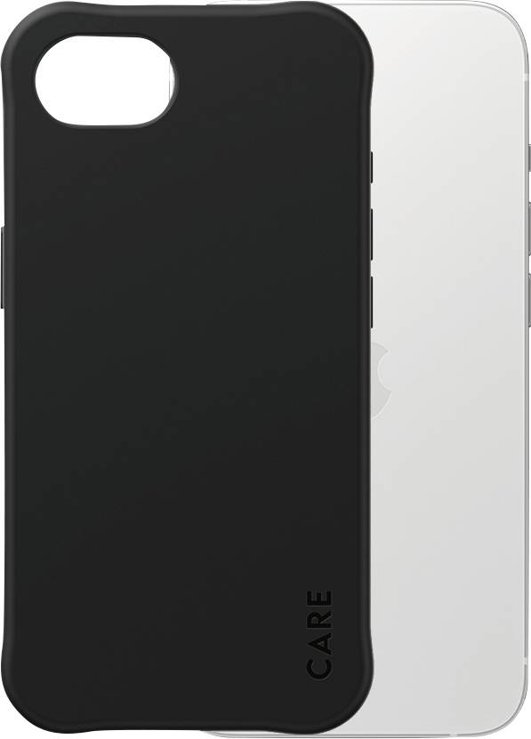 Eine schwarze Smartphone-Hülle verdeckt ein teilweise sichtbares, silbernes Telefon. Unten rechts auf der Hülle steht 'CARE'.