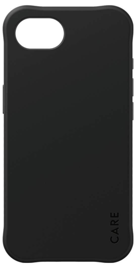 Schwarze Handyhülle mit dem Schriftzug 'CARE' in der unteren rechten Ecke.