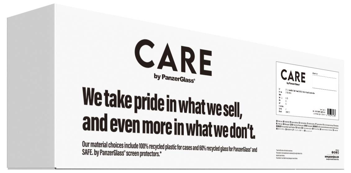 'CARE by PanzerGlass' Verpackung mit Text: 'We take pride in what we sell, and even more in what we don't.' Hinweis auf recycelte Materialien.