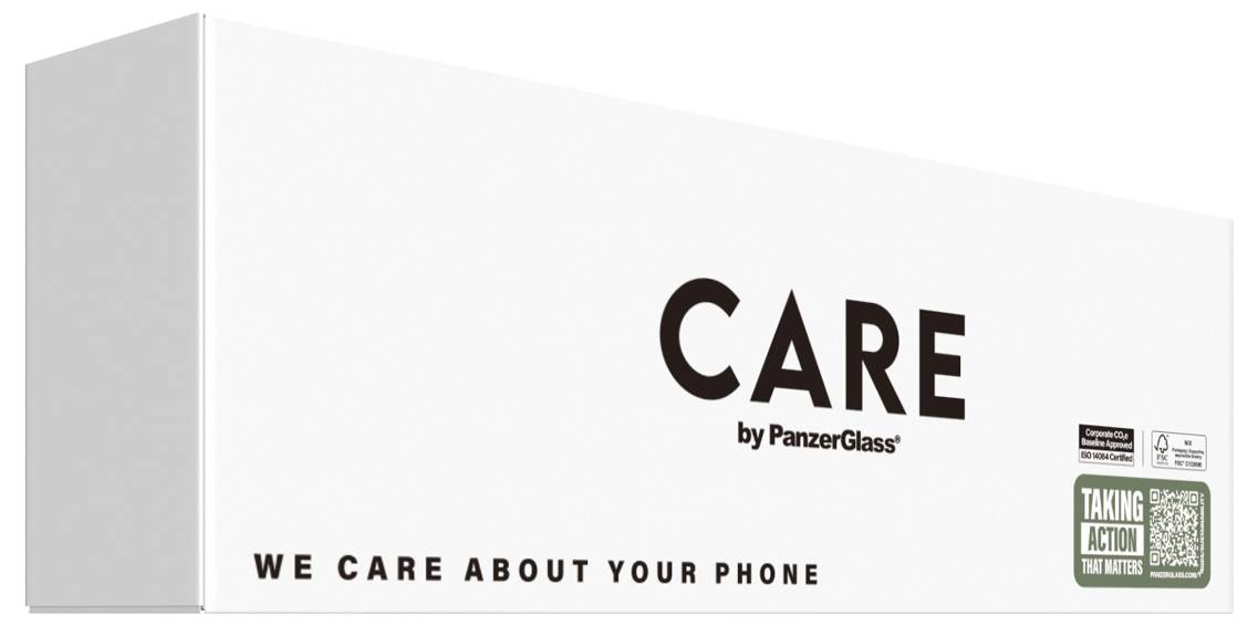 Eine Verpackung mit der Aufschrift 'CARE by PanzerGlass'. Darunter steht 'We care about your phone'. Ein QR-Code ist rechts abgebildet.