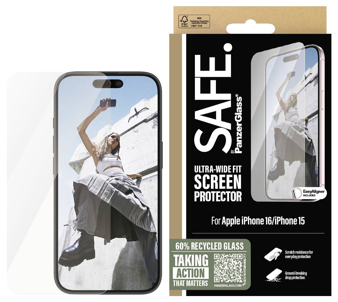 'SAFE. PanzerGlass Ultra-Wide Fit Screen Protector.' Verpackung und Produkt zu sehen, auch 'Für Apple iPhone 16/iPhone 15'.