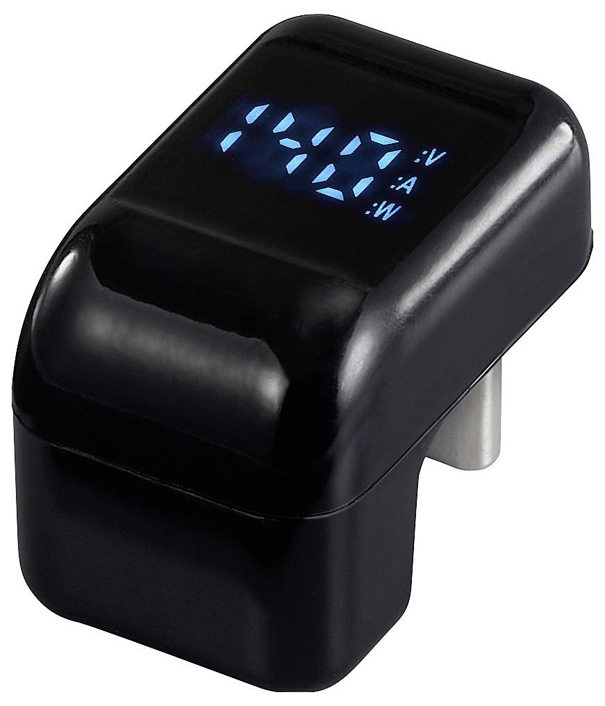 Eine schwarze Stromsteckdosen-Messgerät mit blauen digitalen Anzeigen für Spannung, Stromstärke und Leistung in kompaktem Design.