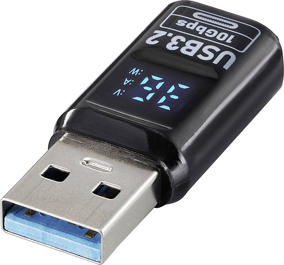 Ein USB 3.2 Adapter mit digitalem Display, das 'W: 0,0 A, V: 5,1' zeigt und Leistung sowie Spannung misst, mit schwarzem Gehäuse.