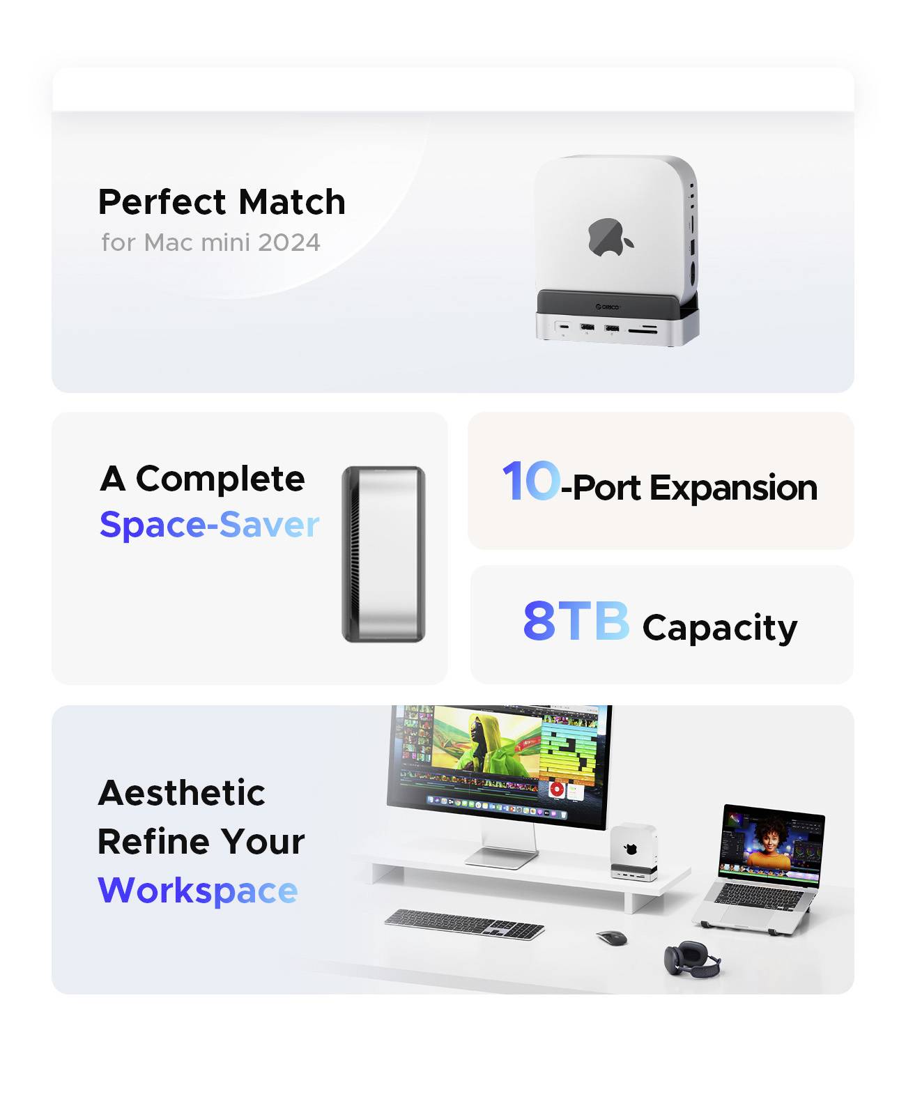 ORICO USB-C® Dockingstation VS10 Mini Dock Desktop Stand integrierte Halterung, integrierter Kartenleser, M.2 SSD Steckplatz