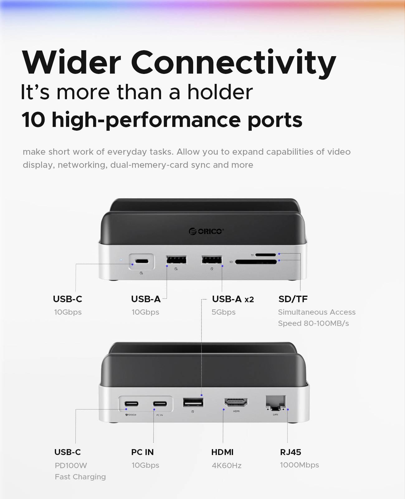 ORICO USB-C® Dockingstation VS10 Mini Dock Desktop Stand integrierte Halterung, integrierter Kartenleser, M.2 SSD Steckplatz