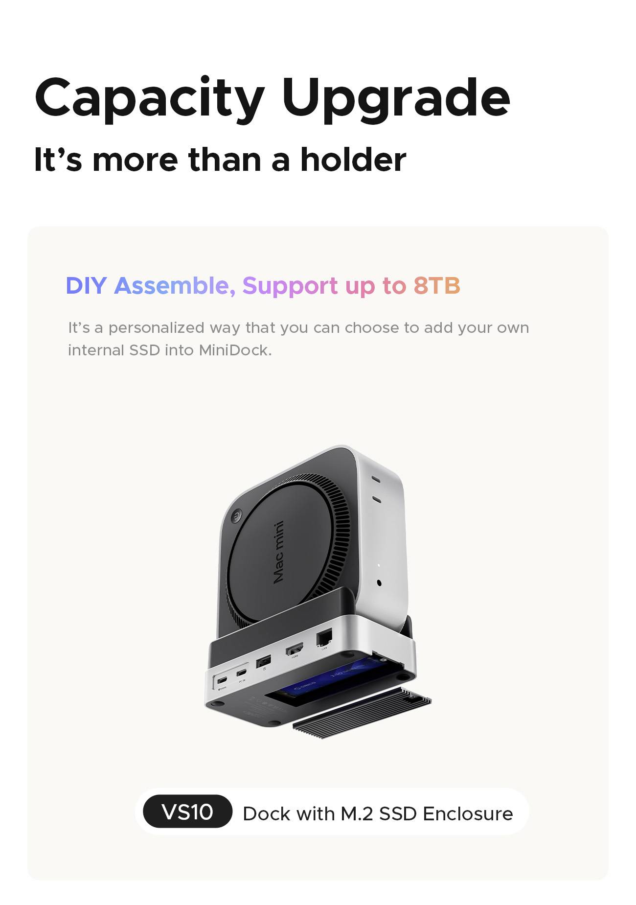 ORICO USB-C® Dockingstation VS10 Mini Dock Desktop Stand integrierte Halterung, integrierter Kartenleser, M.2 SSD Steckplatz