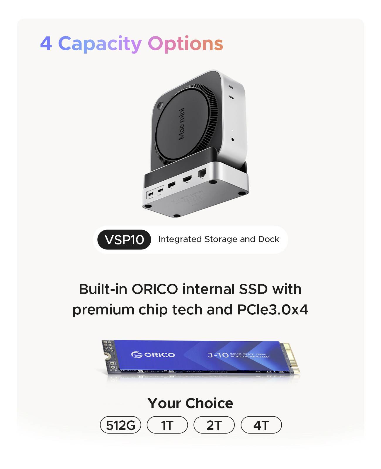 ORICO USB-C® Dockingstation VS10 Mini Dock Desktop Stand integrierte Halterung, integrierter Kartenleser, M.2 SSD Steckplatz