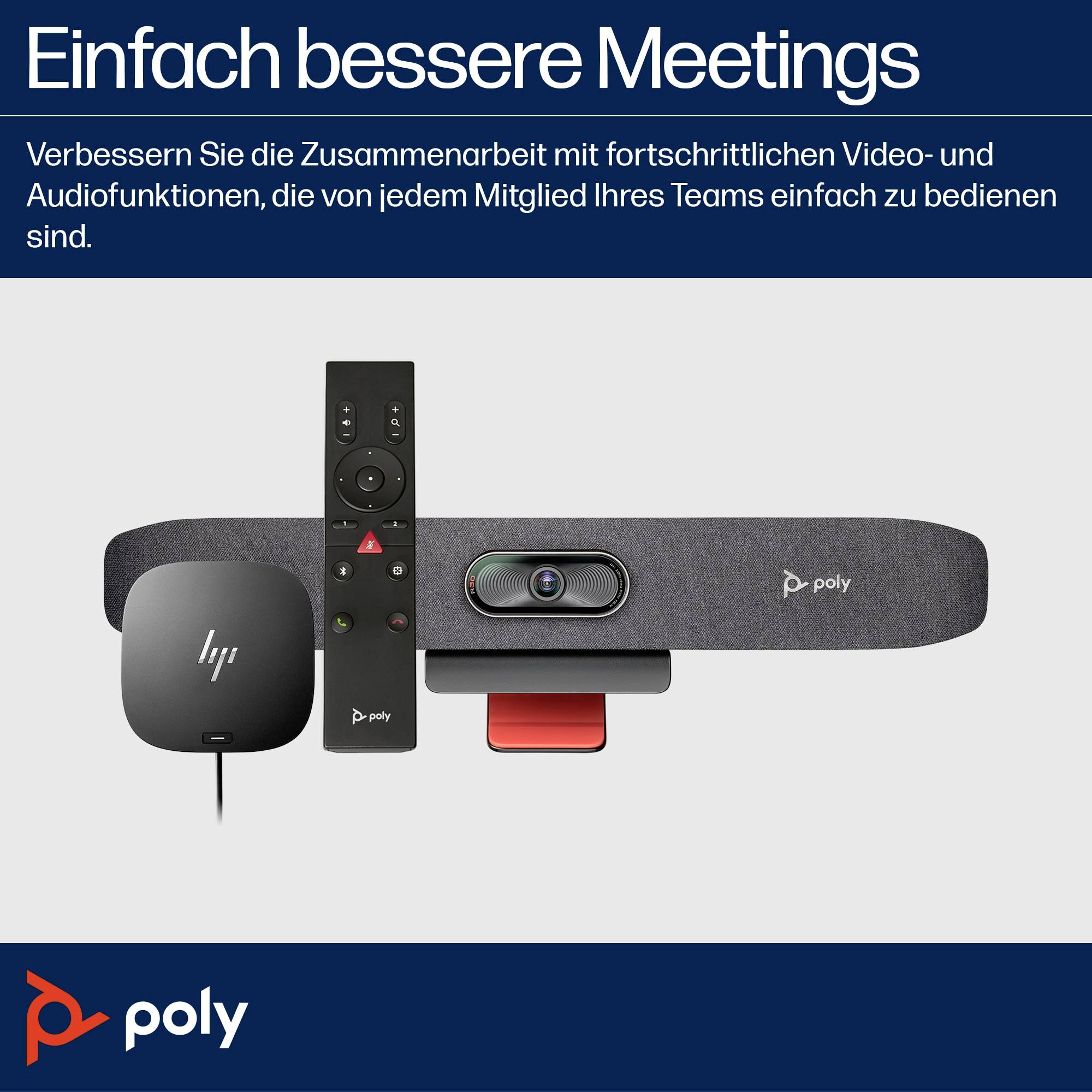 Eine Videokonferenzkamera mit Fernbedienung, präsentiert von Poly, bewirbt die Verbesserung der Teamzusammenarbeit durch moderne Video- und Audiofunktionen.