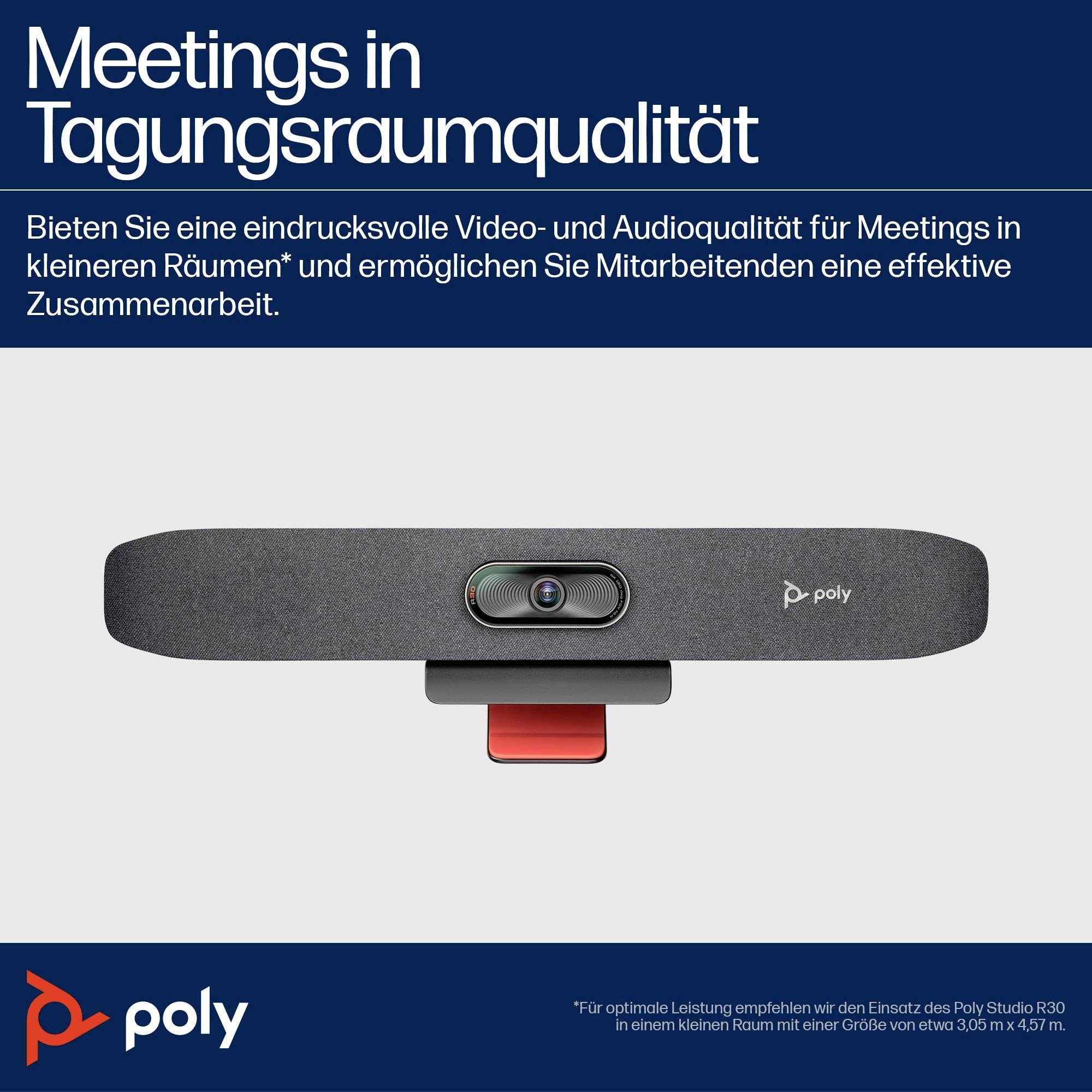 'Meetings in Tagungsraumqualität' Text mit einer Videokonferenzkamera darunter. Fördert die Verwendung der Poly Studio R30 für besseres Meeting-Erlebnis.