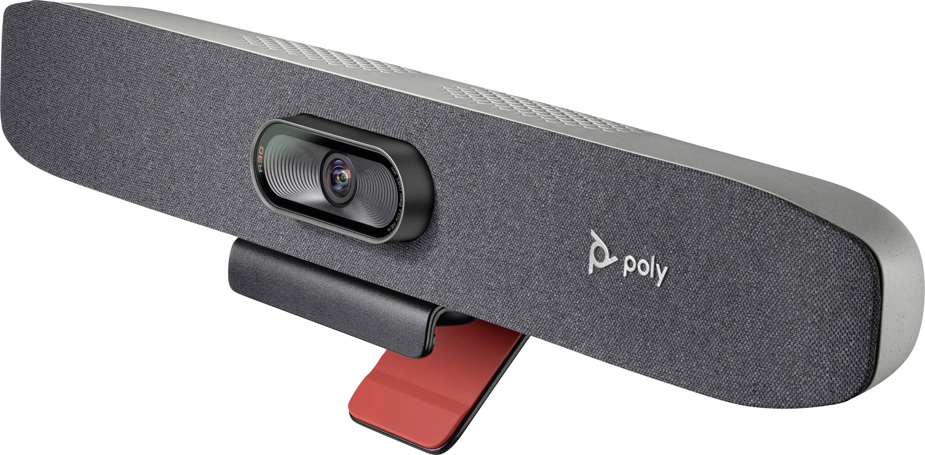 Eine moderne, rechteckige Webcam in dunklem Design mit einem Objektiv in der Mitte und einem roten Standfuß. Auf der rechten Seite steht 'poly'.