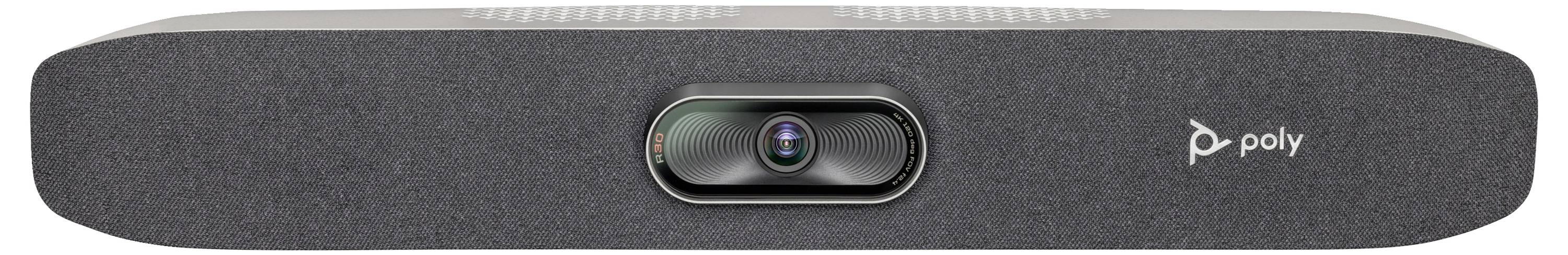 Ein schwarzes Poly-Videokonferenzgerät mit Kamera in der Mitte, geeignet für professionelle Videokonferenzen und Zusammenarbeit.