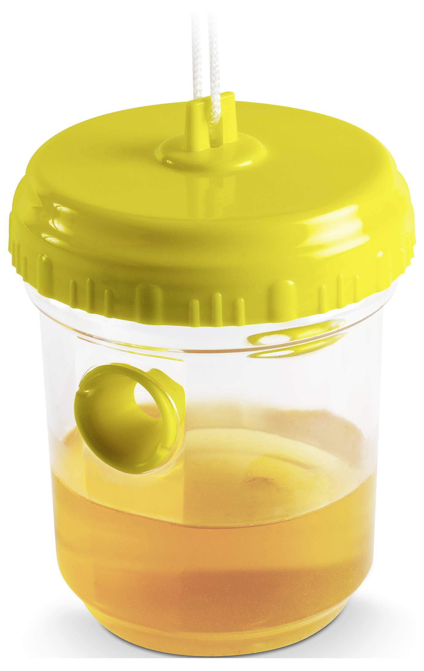 Ein Plastikbehälter mit gelbem Deckel, enthält eine Flüssigkeit und einen kleinen Ball. Oberhalb des Behälters hängt eine weiße Schnur.