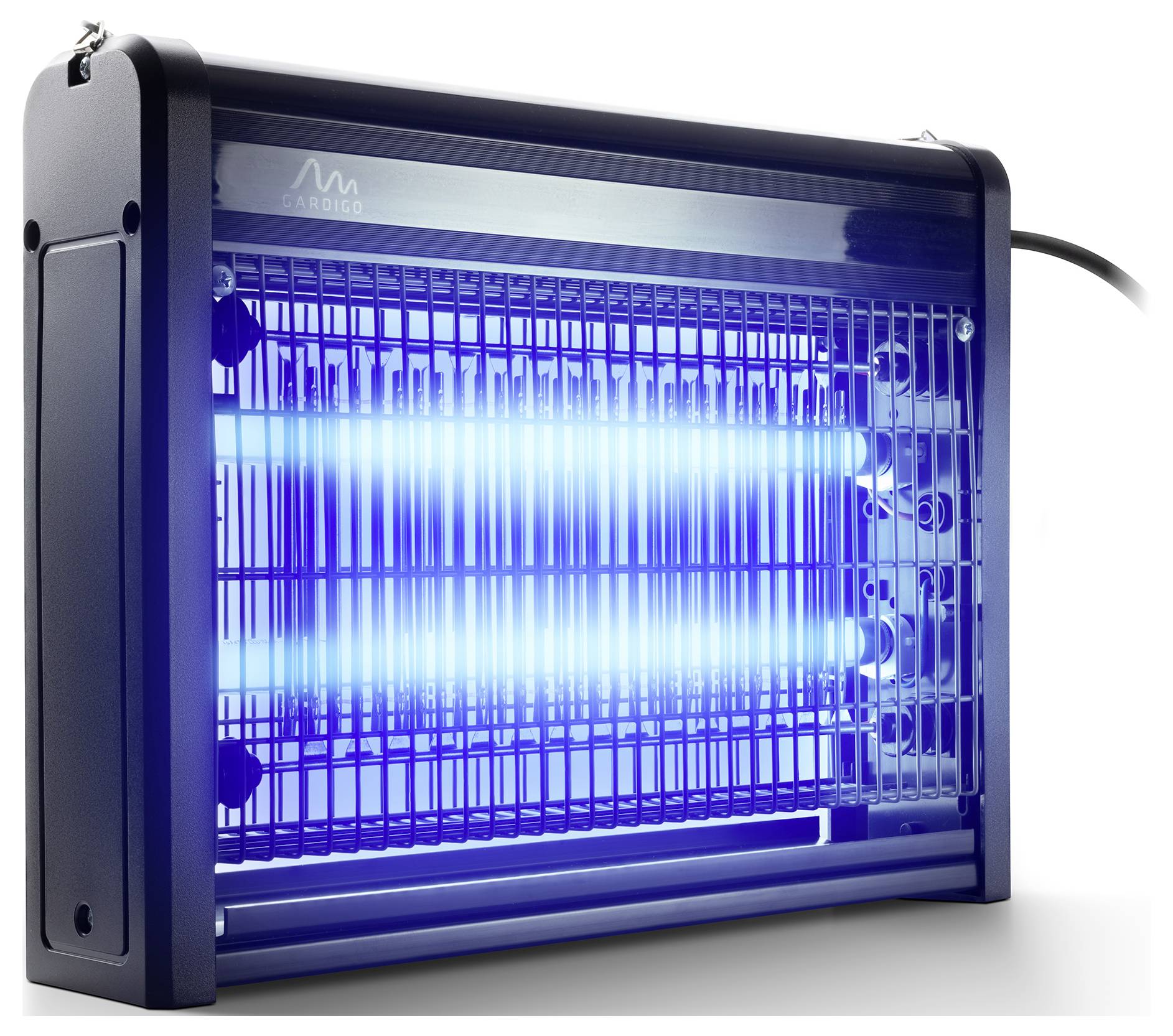 Ein elektrischer Insektenvernichter mit blauen UV-Lichtröhren in einem rechteckigen Gehäuse.
