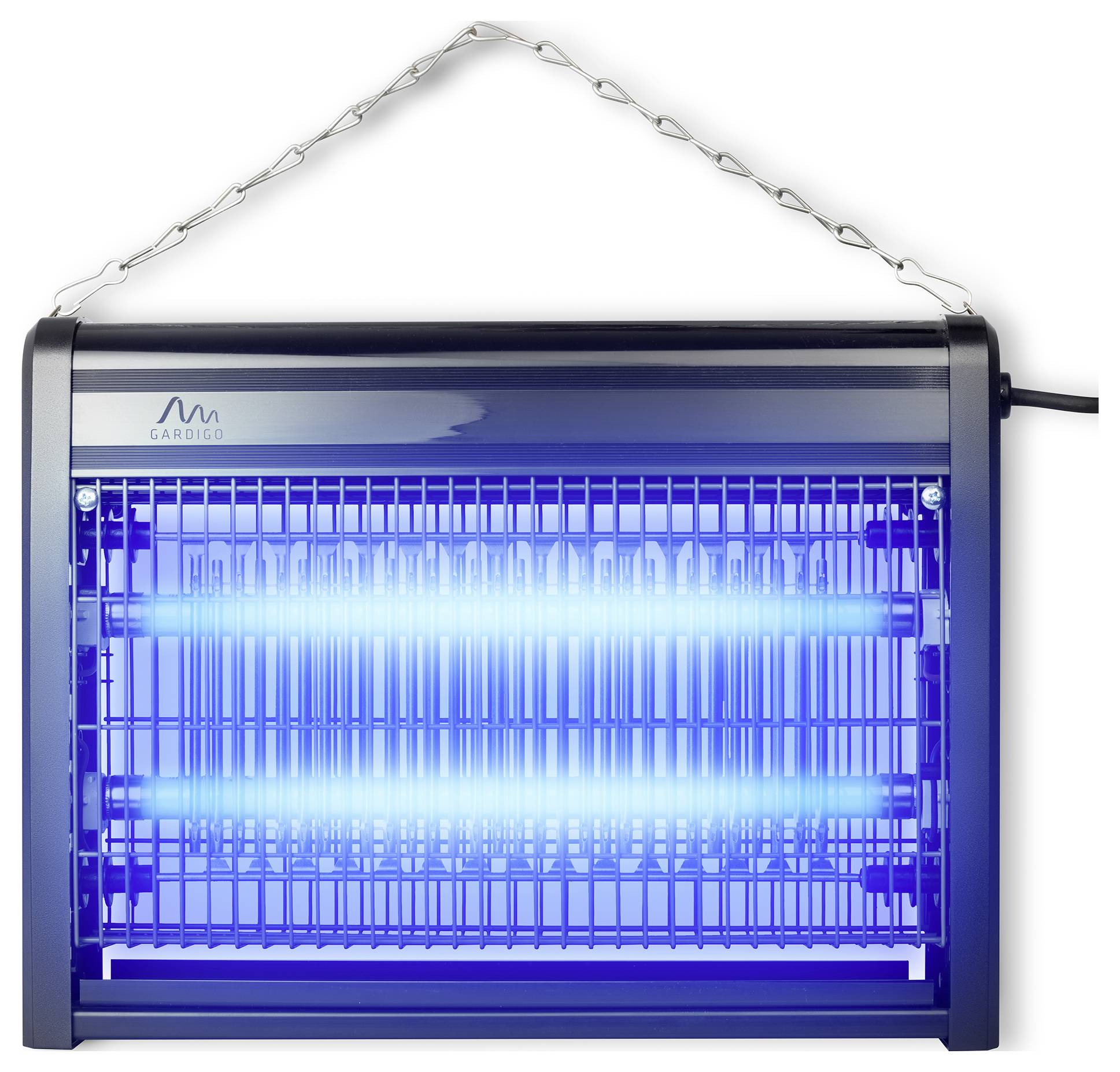 Elektrischer Insektenvernichter mit blauem Licht, aufgehängt an einer Kette.