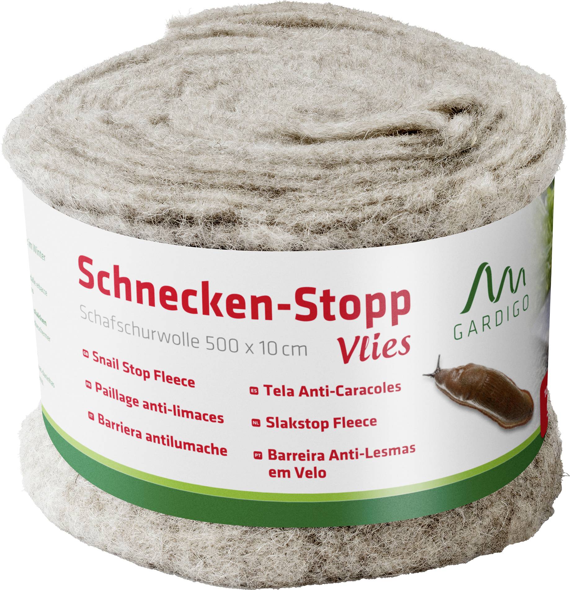 Rolle aus Schafschurwolle mit Aufschrift 'Schnecken-Stopp Vlies'. Schutzmaterial gegen Schnecken, mehrsprachige Produktbeschreibung.