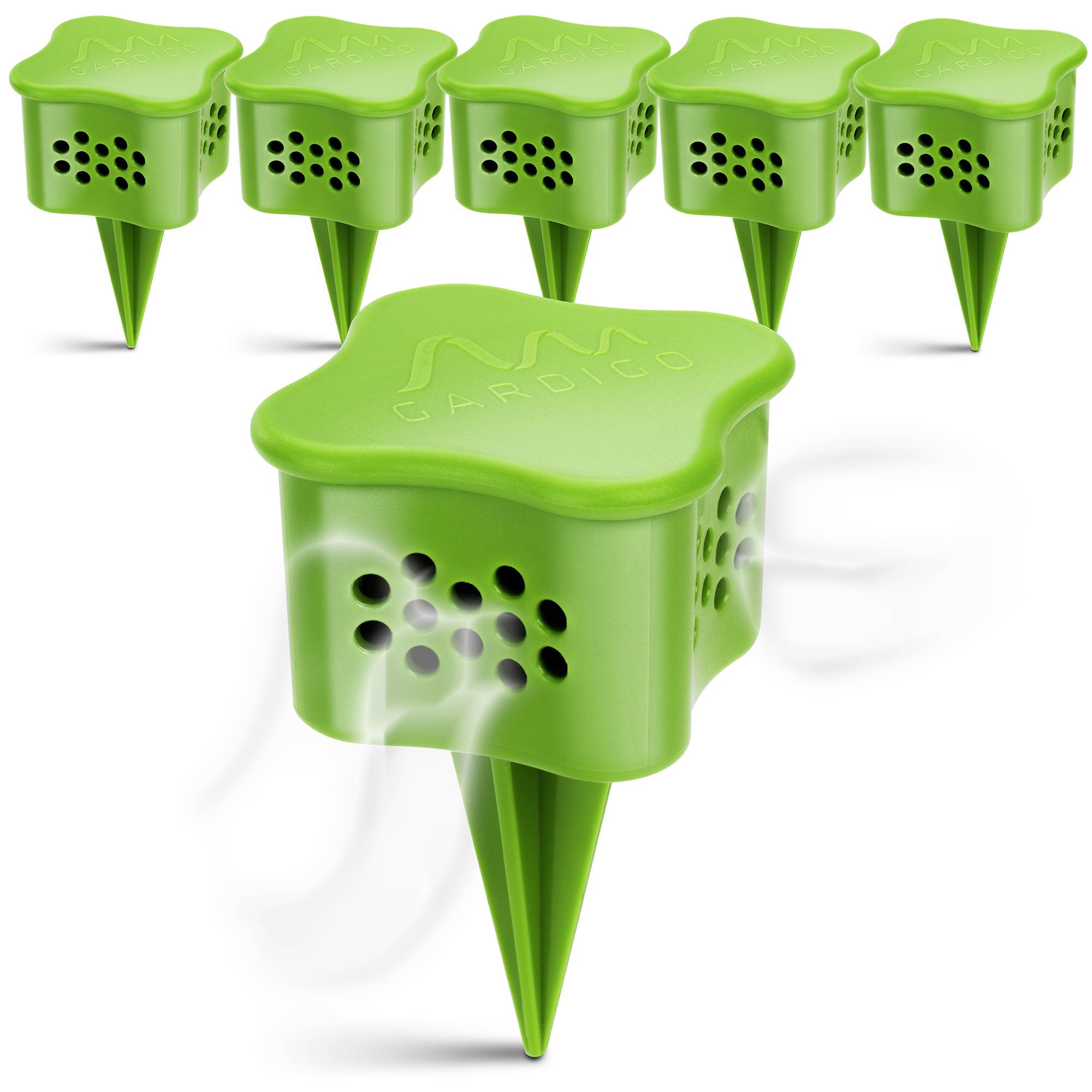 Sechs grüne Pflanzensensoren mit Löchern und Spitzen sind in einer Reihe aufgestellt. Sie messen Bodenfeuchtigkeit und pflanzliche Bedingungen.