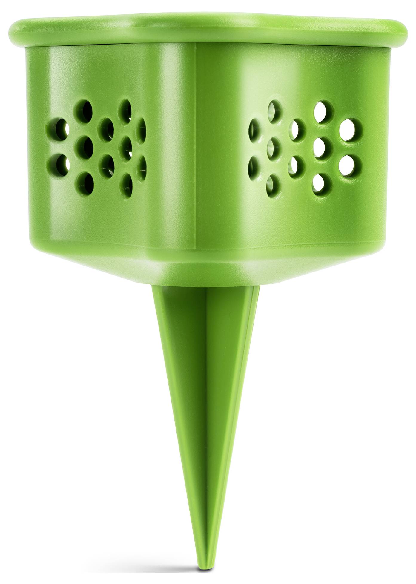 Ein grüner, perforierter Plastiktrichter mit spitzem Ende, wahrscheinlich zur Belüftung oder zum Auffangen von Flüssigkeiten gebaut.