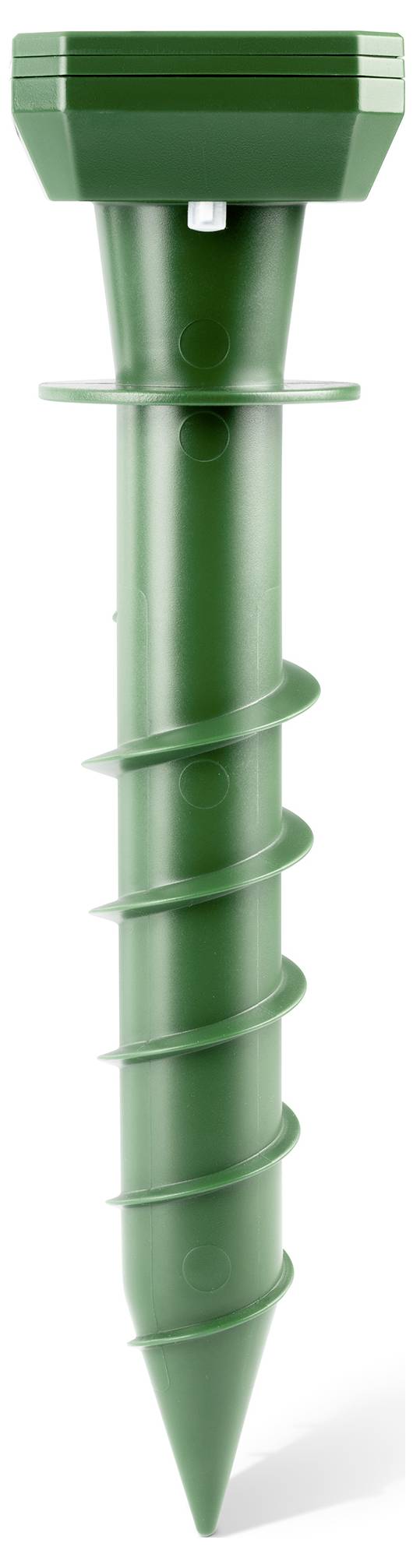 Grüner, spiralförmiger Kunststoffpfahl mit flacher Oberseite, vermutlich für Garten- oder Bauzwecke.