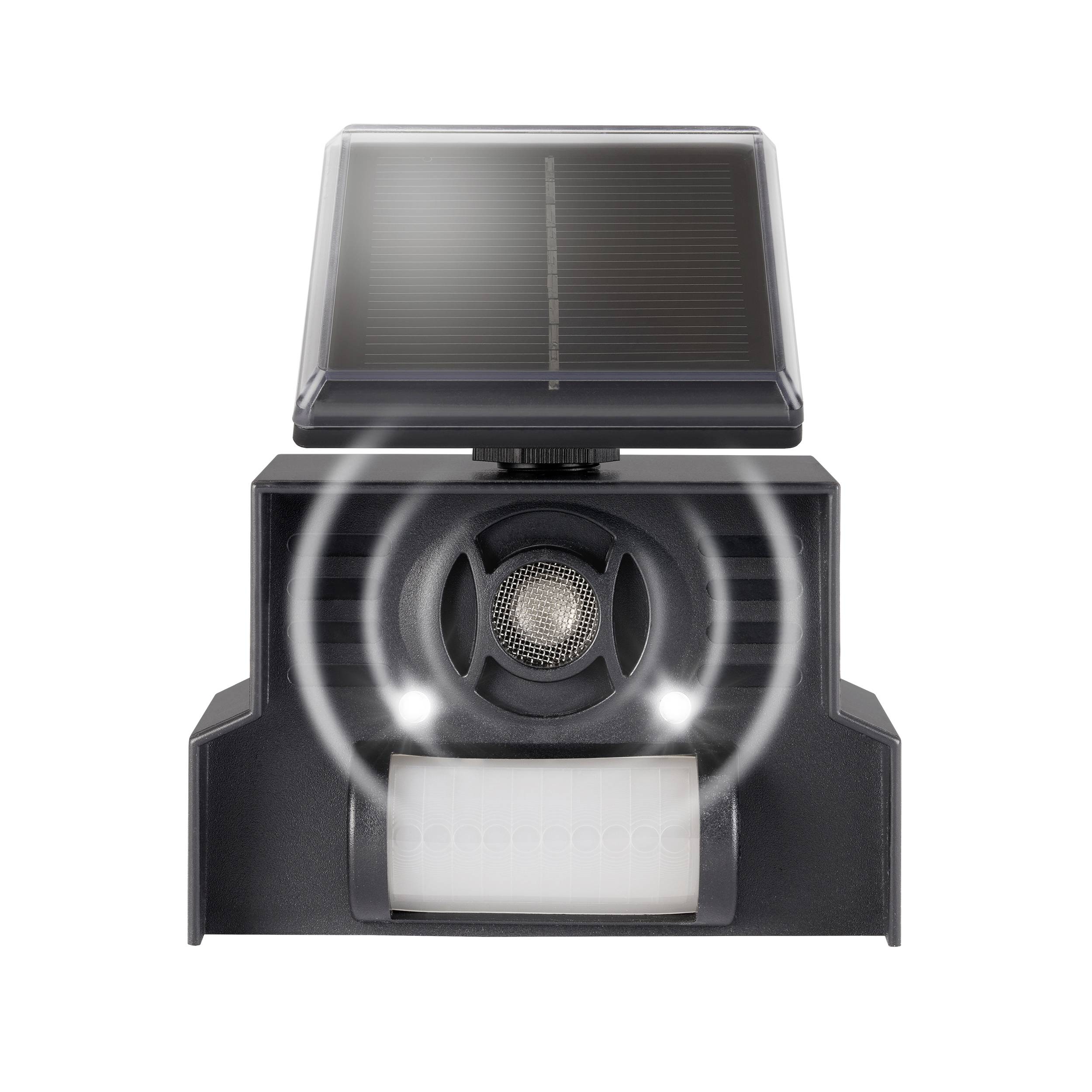 Solarlampe mit Bewegungsmelder und Lautsprecher, rechteckiges Solarpanel oben, Sensor und Lautsprechergitter in der Mitte.