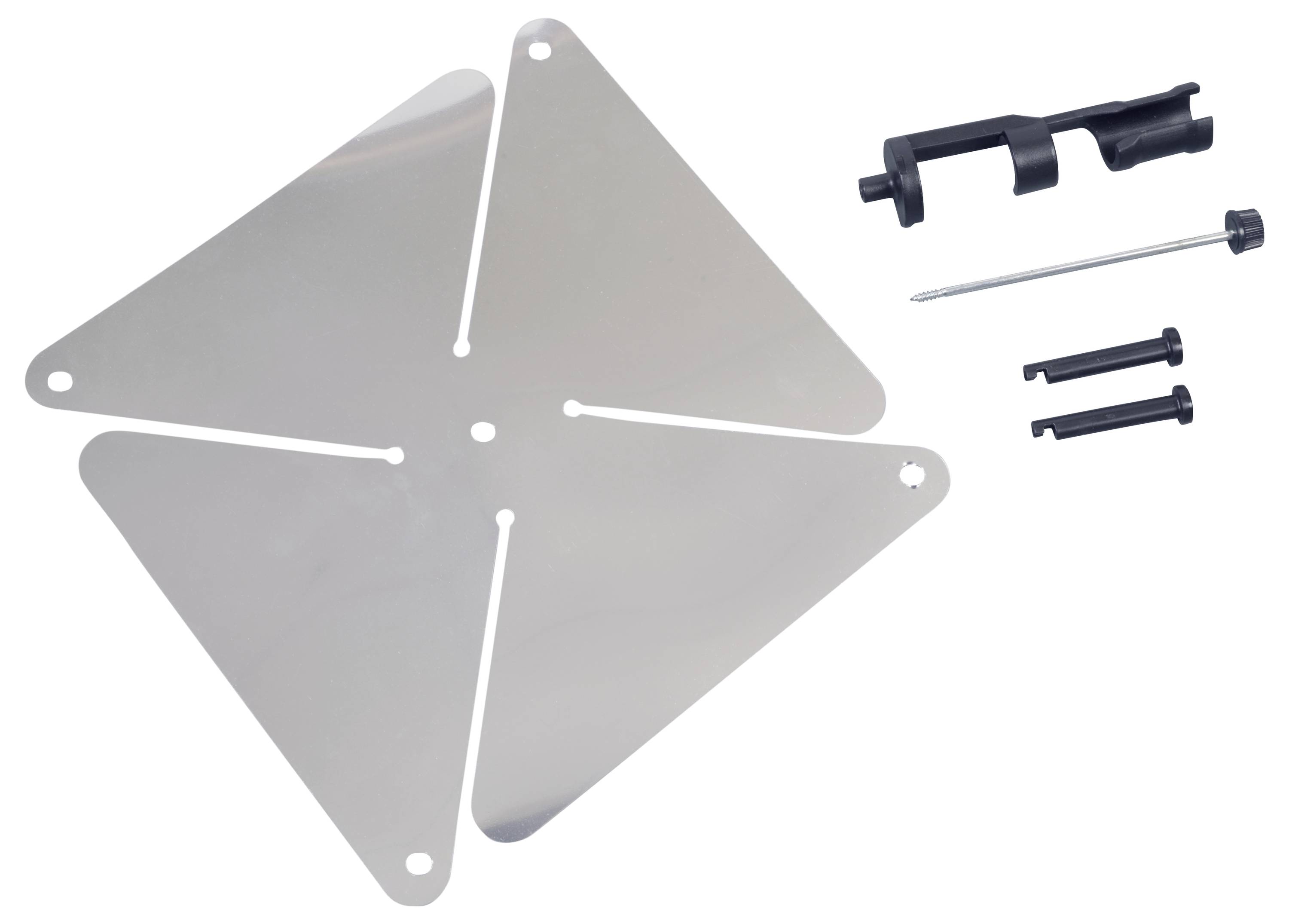 Metallisches Zelt-Hering-Zubehörset bestehend aus vier dreieckigen Platten und mehreren Befestigungselementen.