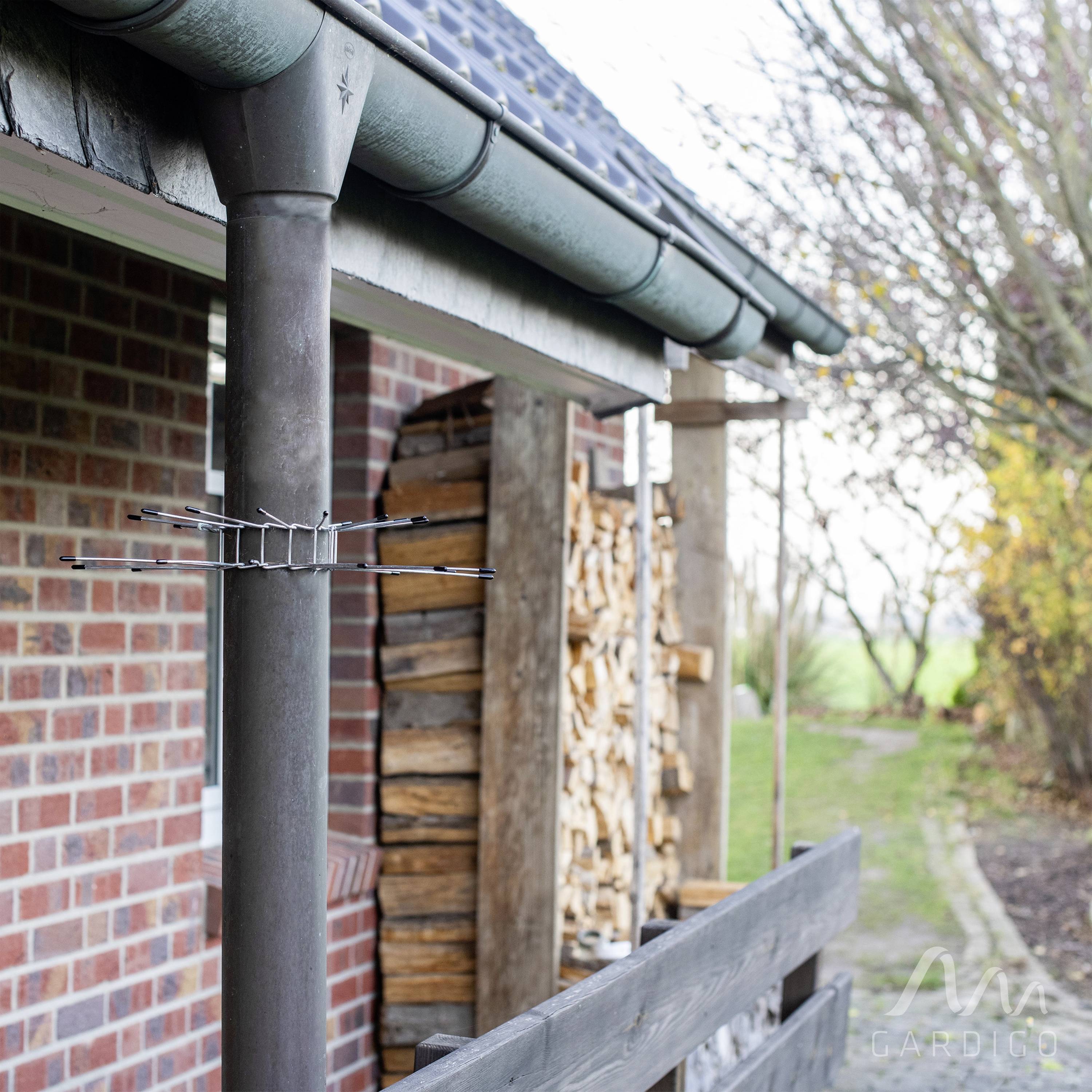 Haus mit Holzlager unter Wellblechdach, rote Ziegelmauer, umliegender Garten, spätherbstliche Stimmung.