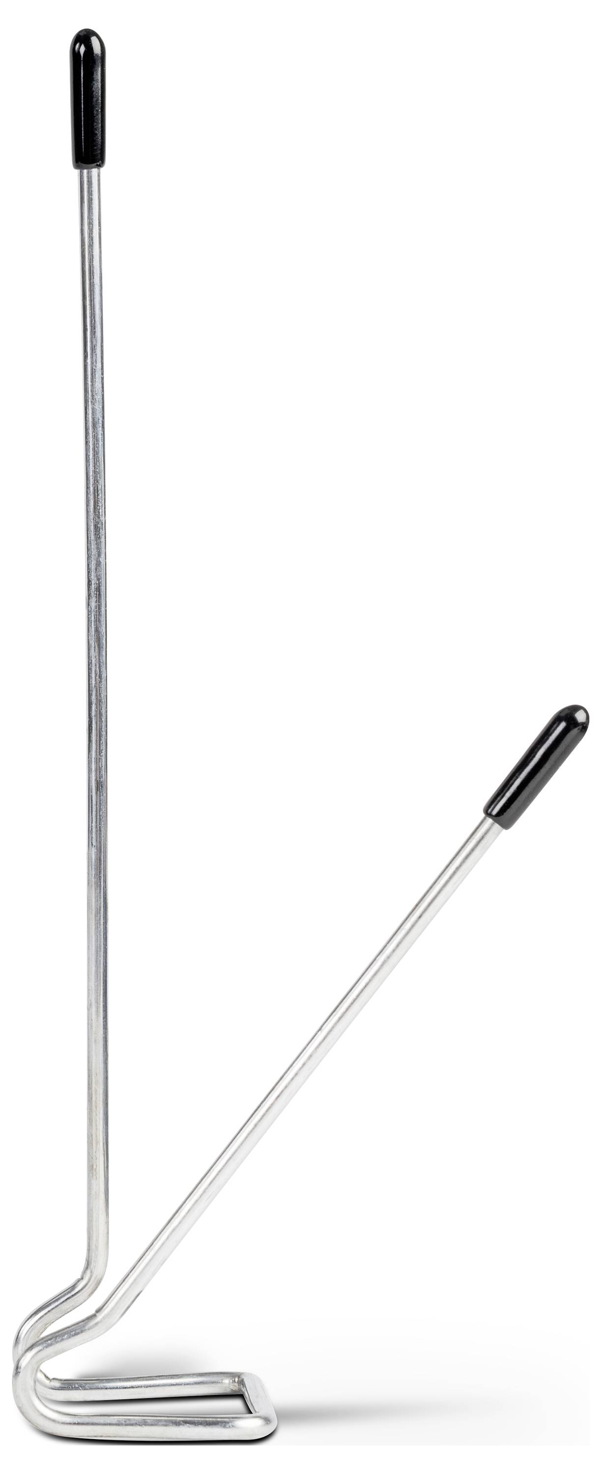 Ein langer, silberner Schuhlöffel mit schwarzem Griff. Designed für bequemes Anziehen von Schuhen.