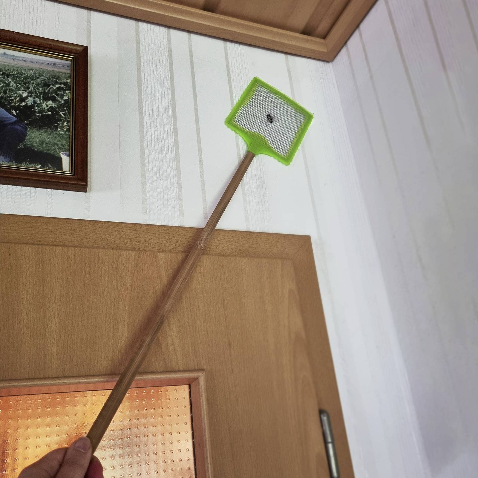 Ein grünes Fliegenklatsche schwebt über einer Holztür in einem Raum mit weißer Holzvertäfelung. Ein Bild hängt an der Wand.