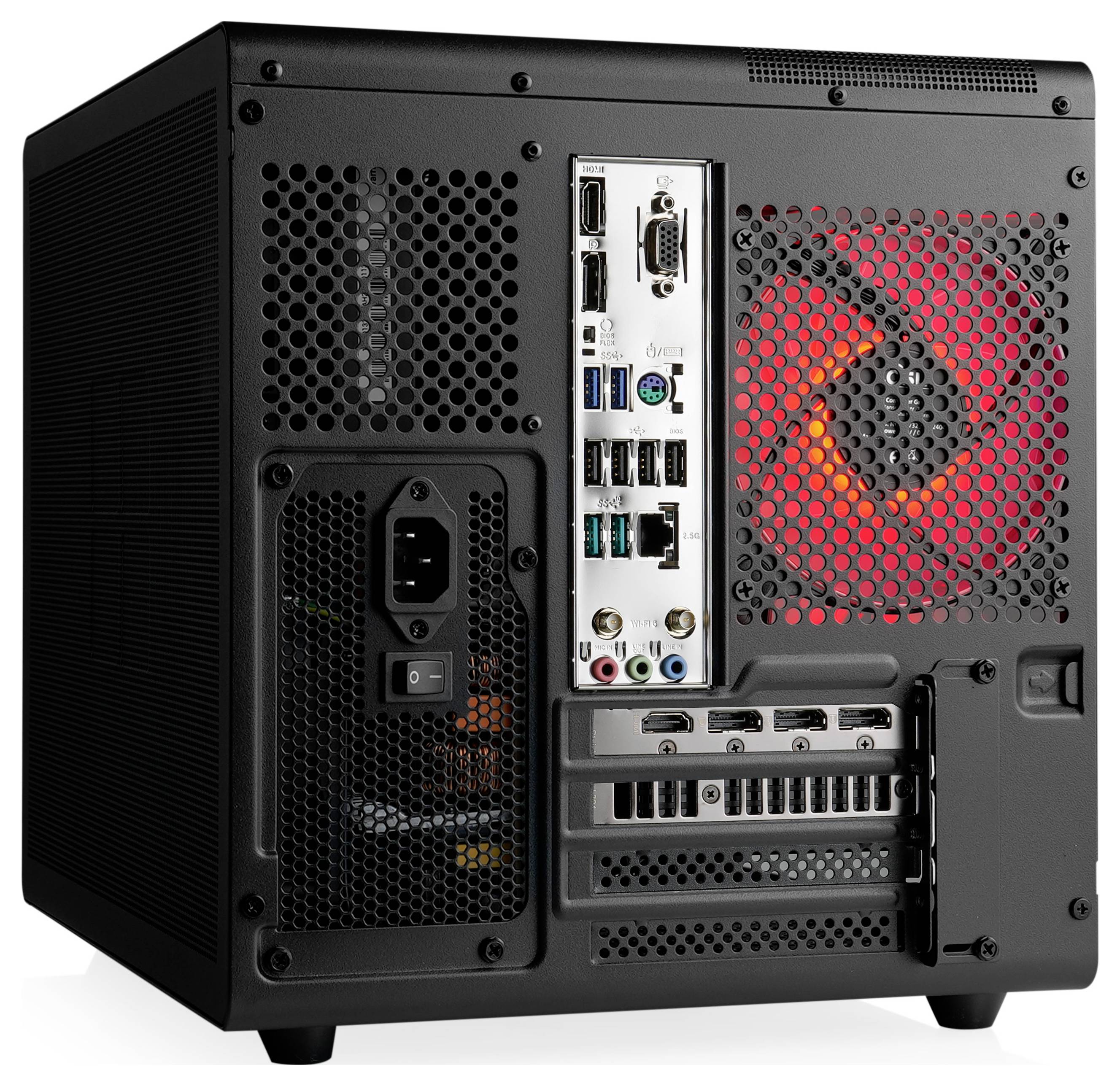 Das Bild zeigt die Rückseite eines schwarzen Computergehäuses mit sichtbaren Anschlüssen, Belüftungsbereichen und einem rot beleuchteten Lüfter.