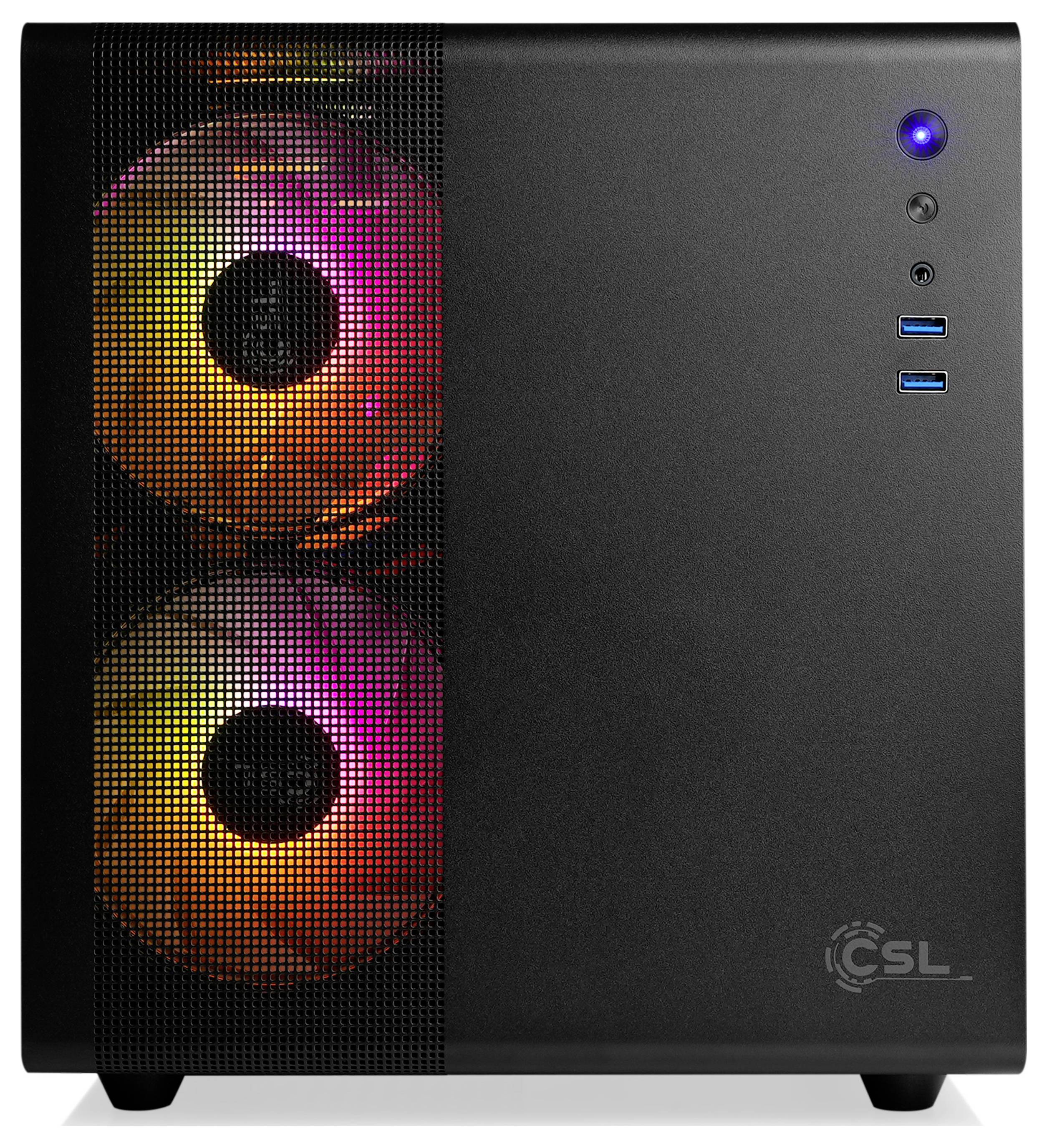 Ein schwarzer Computertower mit zwei sichtbaren RGB-Lüftern an der Front, die bunte Lichter ausstrahlen. Zusätzlich befinden sich zwei USB-Anschlüsse und ein Einschaltknopf am Gehäuse.