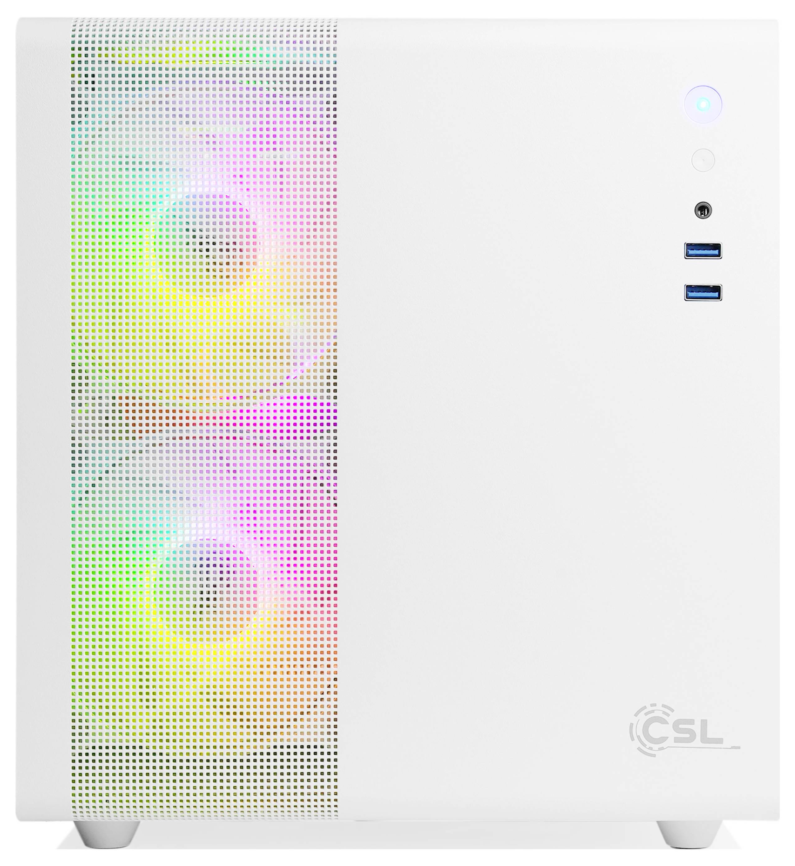 Ein weißer PC-Turm mit einem Frontpanel aus Gitter, das bunte LED-Lichter zeigt. Die rechte Seite verfügt über Einschalttasten und USB-Anschlüsse.