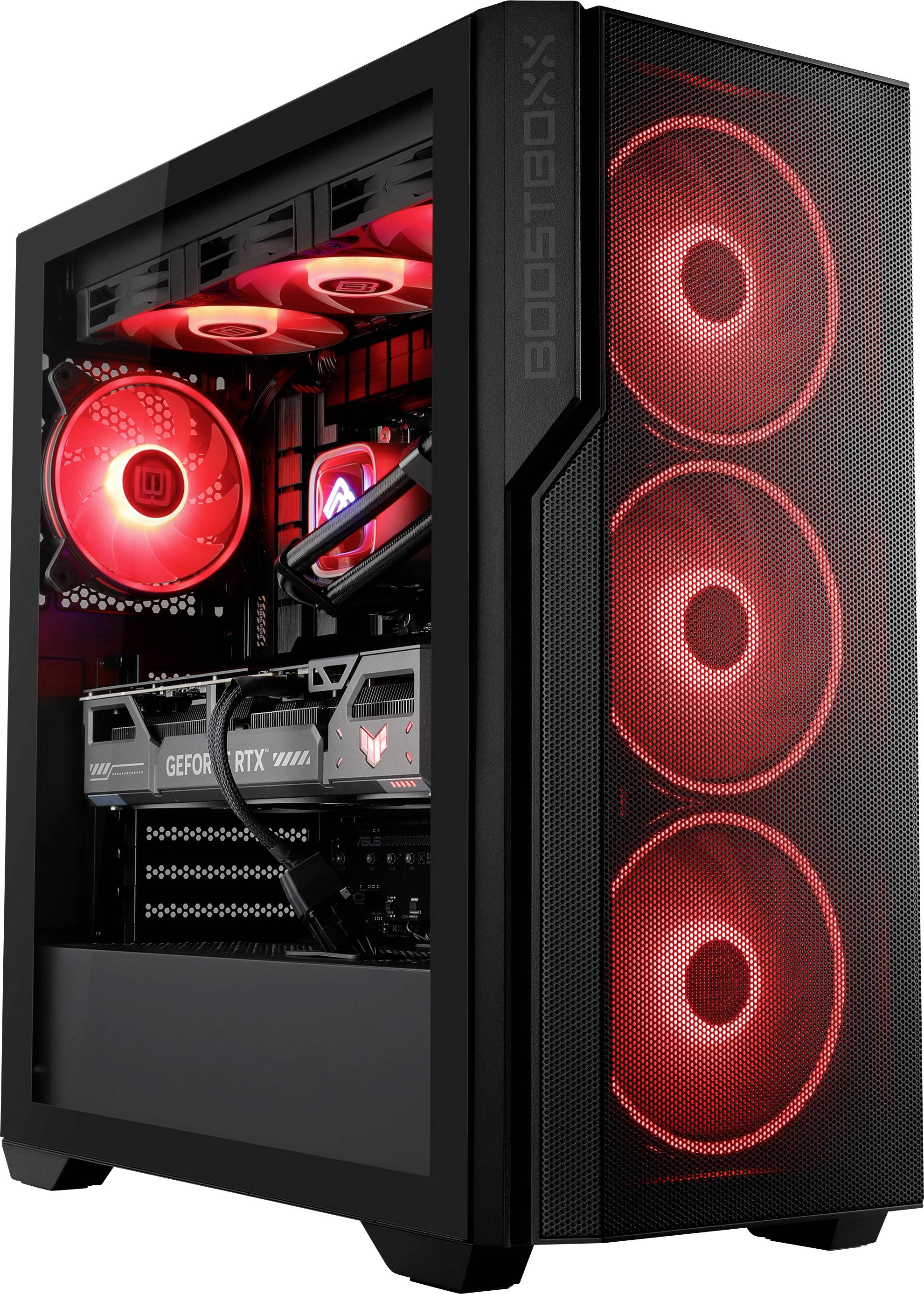Ein schwarzer Gaming-PC-Tower mit leuchtend roten Lüftern und sichtbaren Komponenten im Inneren, darunter eine GeForce RTX-Grafikkarte.