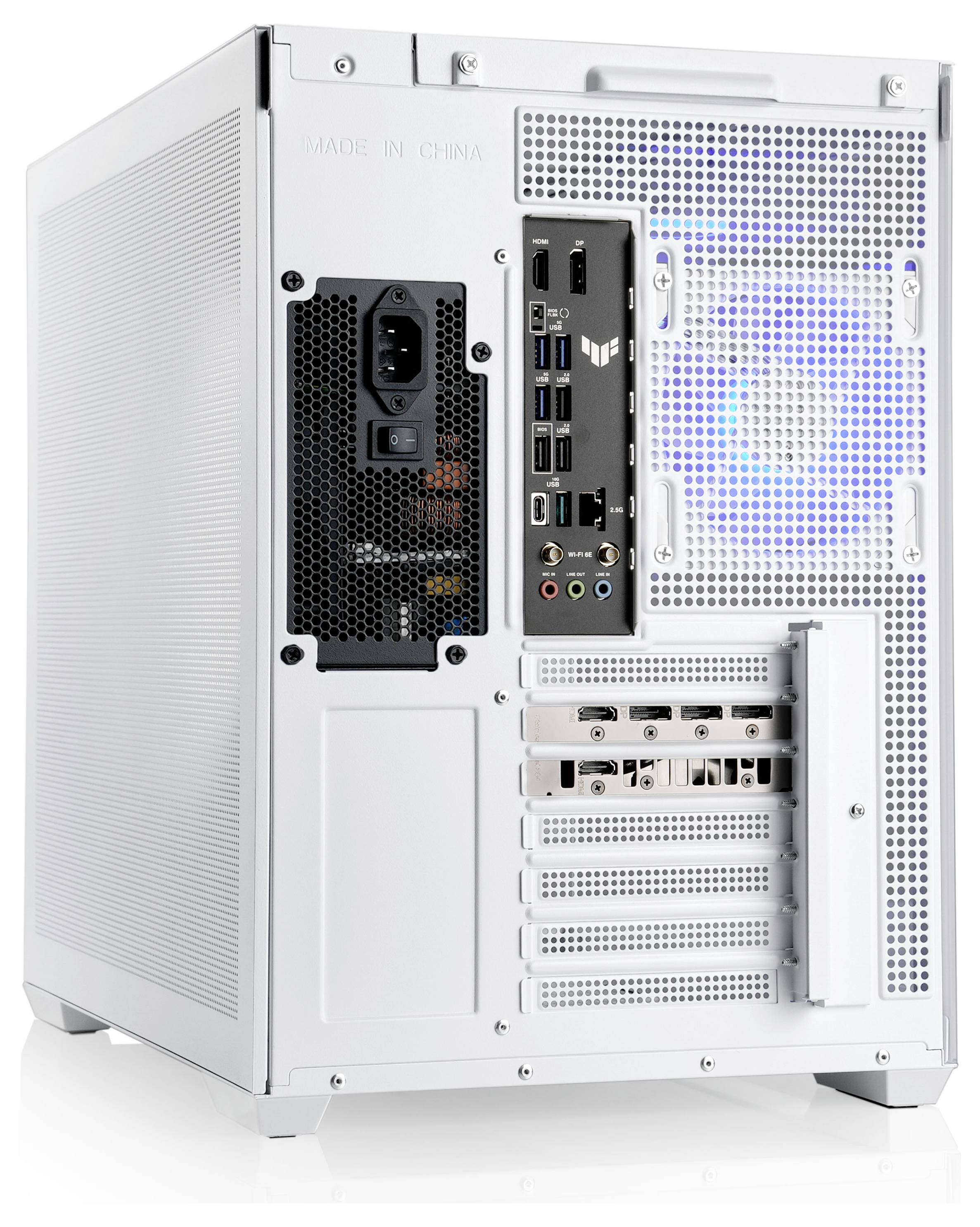 Ein weißer PC-Turm mit mehreren Anschlüssen und Steckplätzen auf der Rückseite, einschließlich USB, HDMI und Audioports. Ein blaues Licht ist im Inneren sichtbar.