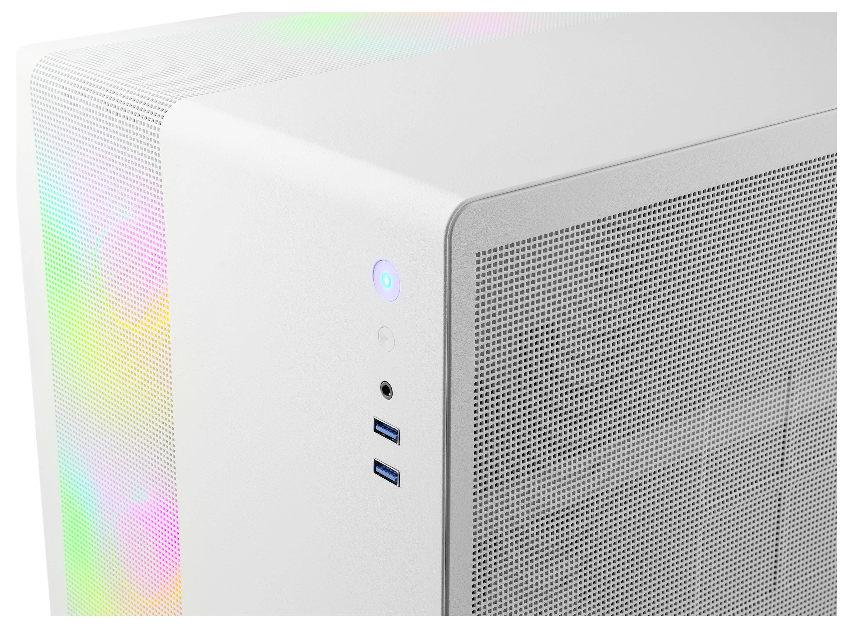 Weißer PC-Turm mit perforierten Seitenpanels, ausgestattet mit Einschalttaster, Kopfhörerbuchse und zwei USB-Anschlüssen. LED-Lichter erzeugen einen mehrfarbigen Glanz.