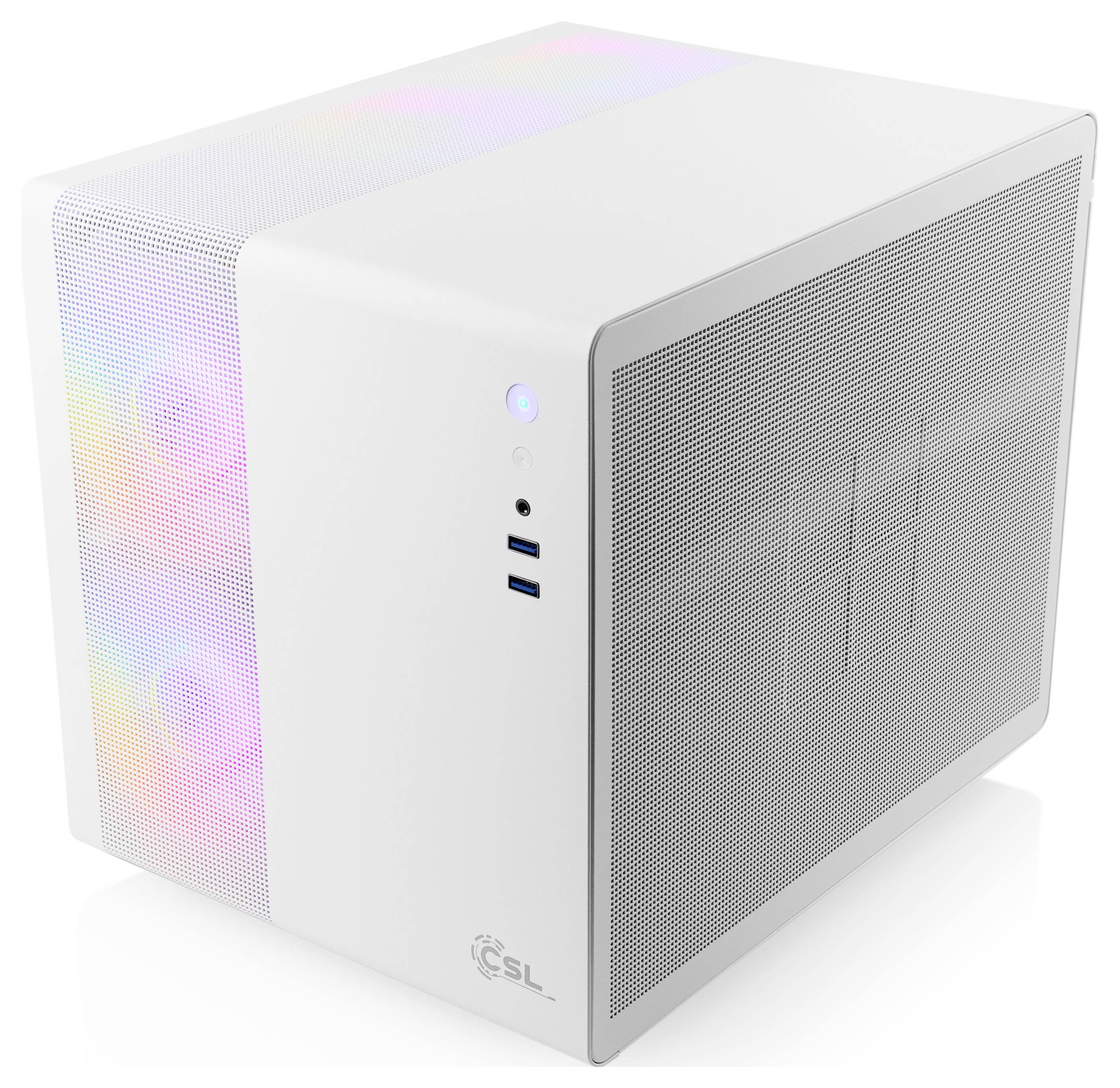 Ein weißes, kompaktes Desktop-Computergehäuse mit bunten LED-Lüftern, die durch die Gitterpanels sichtbar sind, mit USB-Anschlüssen und einem Einschaltknopf auf der Vorderseite.