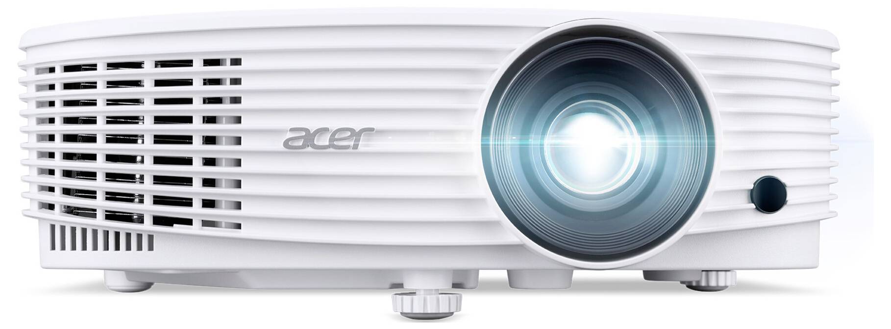 Ein weißer Acer-Projektor mit einer hellen Linse strahlt Licht aus und ist für Präsentationen oder Medienvorführungen konzipiert, während er auf einer ebenen Oberfläche ruht.