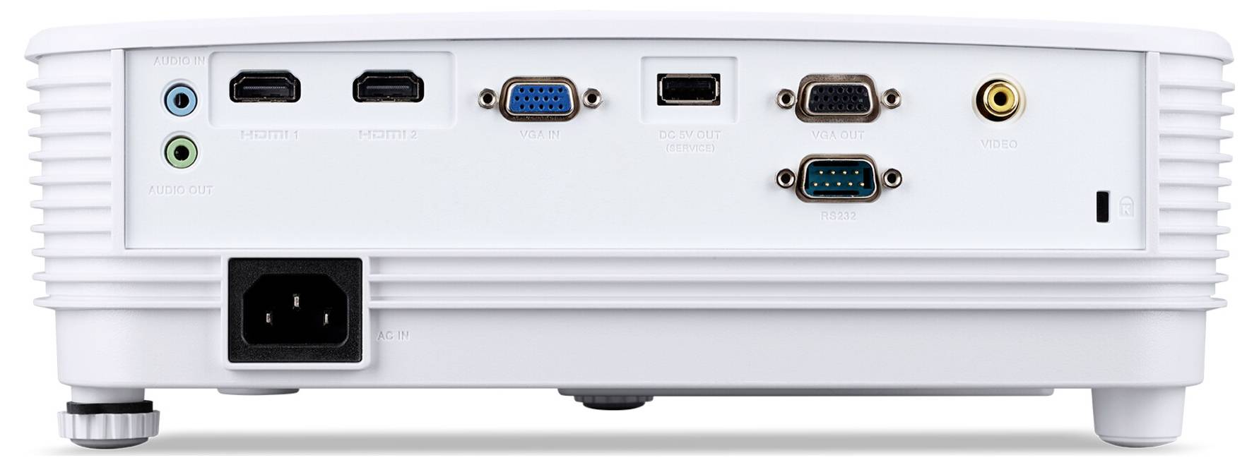 Die Rückseite eines Projektors mit verschiedenen Anschlüssen: HDMI, VGA, USB, Audio und Netzanschluss, die Konnektivitätsoptionen veranschaulichend.