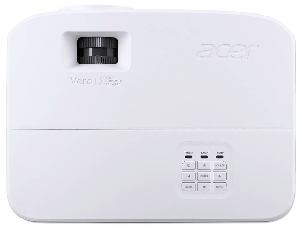 Ein weißer Acer-Projektor mit Bedienungstasten oben. Er verfügt über ein Design aus recyceltem Kunststoff, gekennzeichnet durch das 'Vero'-Logo.