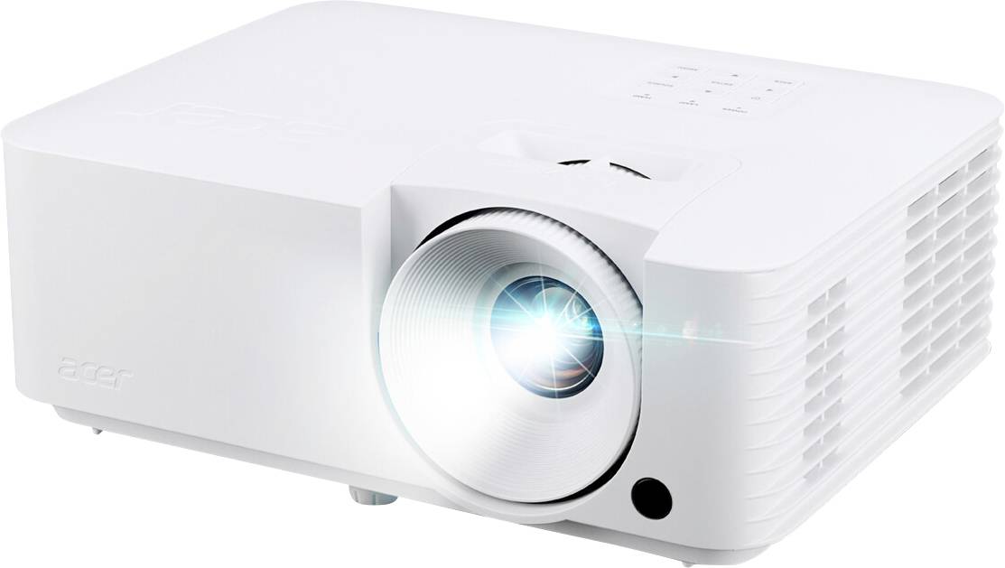 Ein weißer Projektor mit einer beleuchteten Linse, die Licht nach vorne projiziert. Das Gerät verfügt über Lüftungsschlitze an der Seite und Bedienelemente auf der Oberseite.