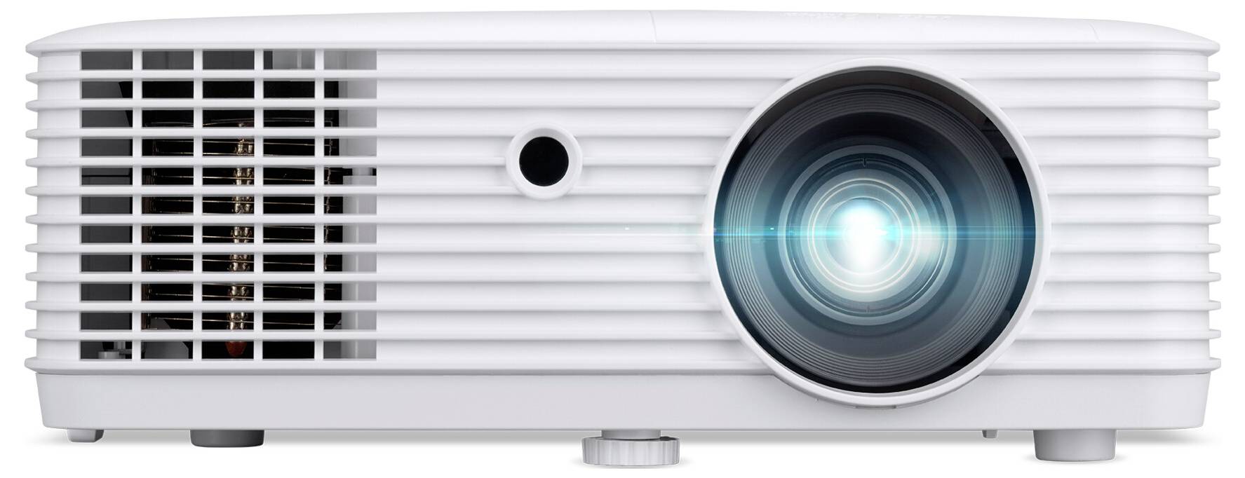 Ein weißer Projektor mit einer Linse, die einen Lichtstrahl ausstrahlt und zeigt, dass er eingeschaltet und bereit zur Darstellung von Bildern oder Videos ist.