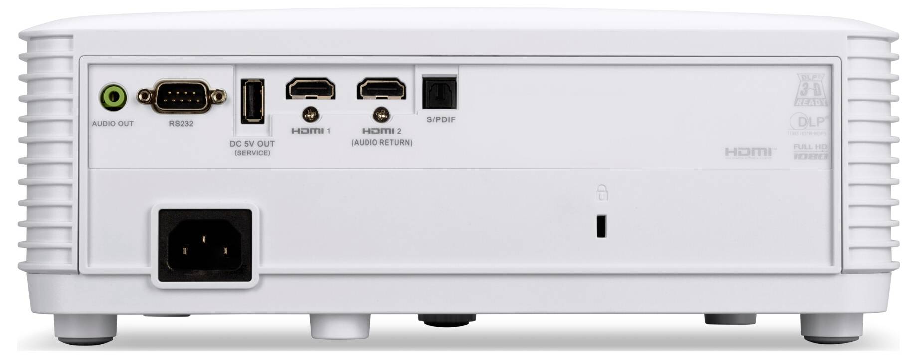 Das Bild zeigt das Rückpanel eines weißen Projektors mit verschiedenen Anschlüssen: Audioausgang, RS232, zwei HDMI-Ports, S/PDIF, Gleichspannungsausgang 12V und einer Netzbuchse.