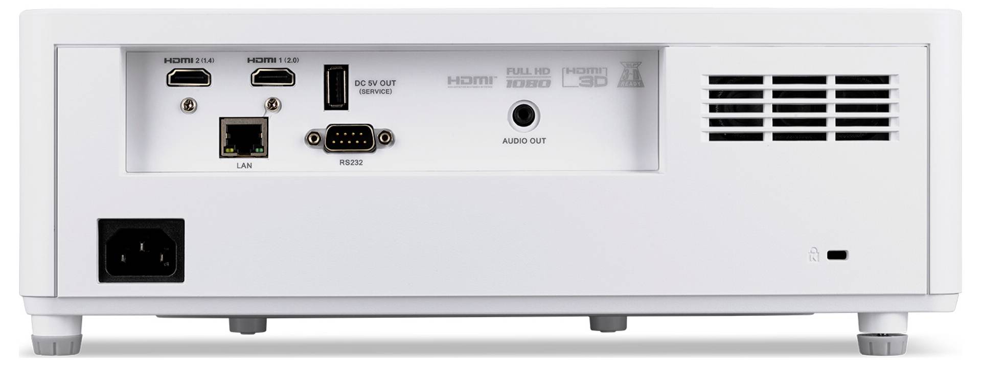 Das Rückpanel eines Projektors mit verschiedenen Anschlüssen: zwei HDMI-Ports, LAN, RS232, Audio-Ausgang, USB-Service und einen Stromanschluss.