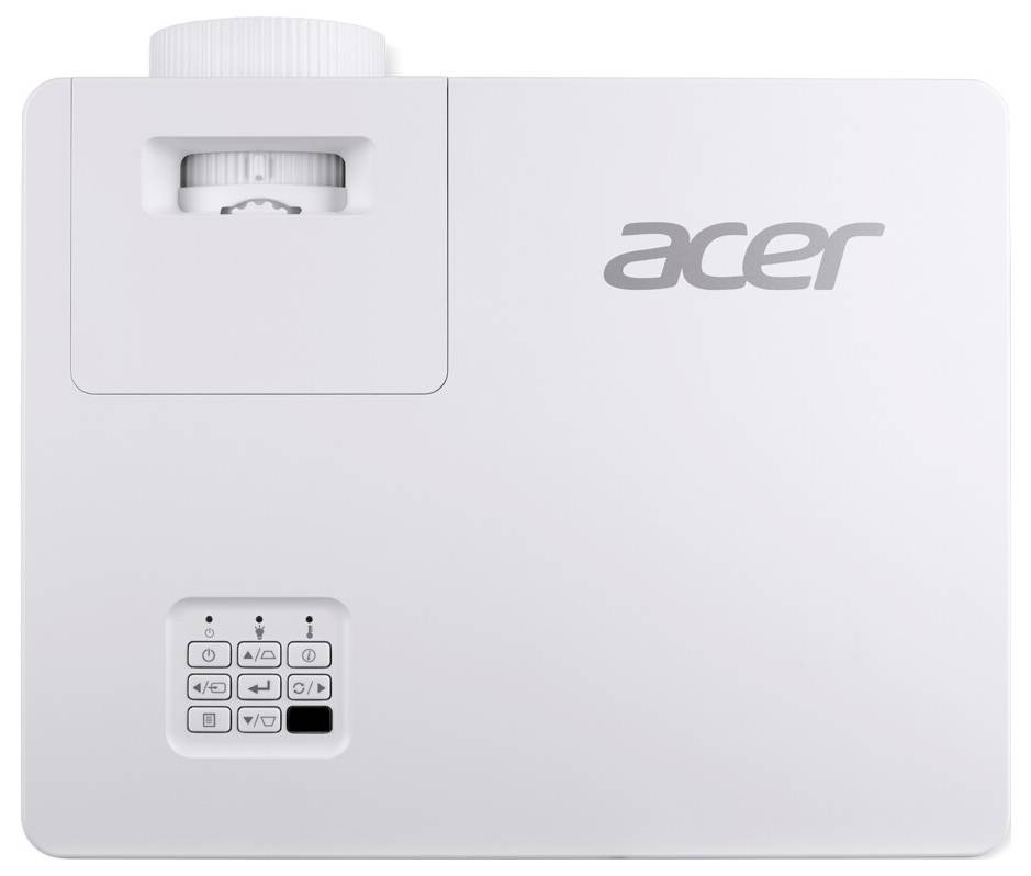 Ein weißer Acer-Projektor mit Bedienungstasten und Lüftungsschlitzen, von oben betrachtet.